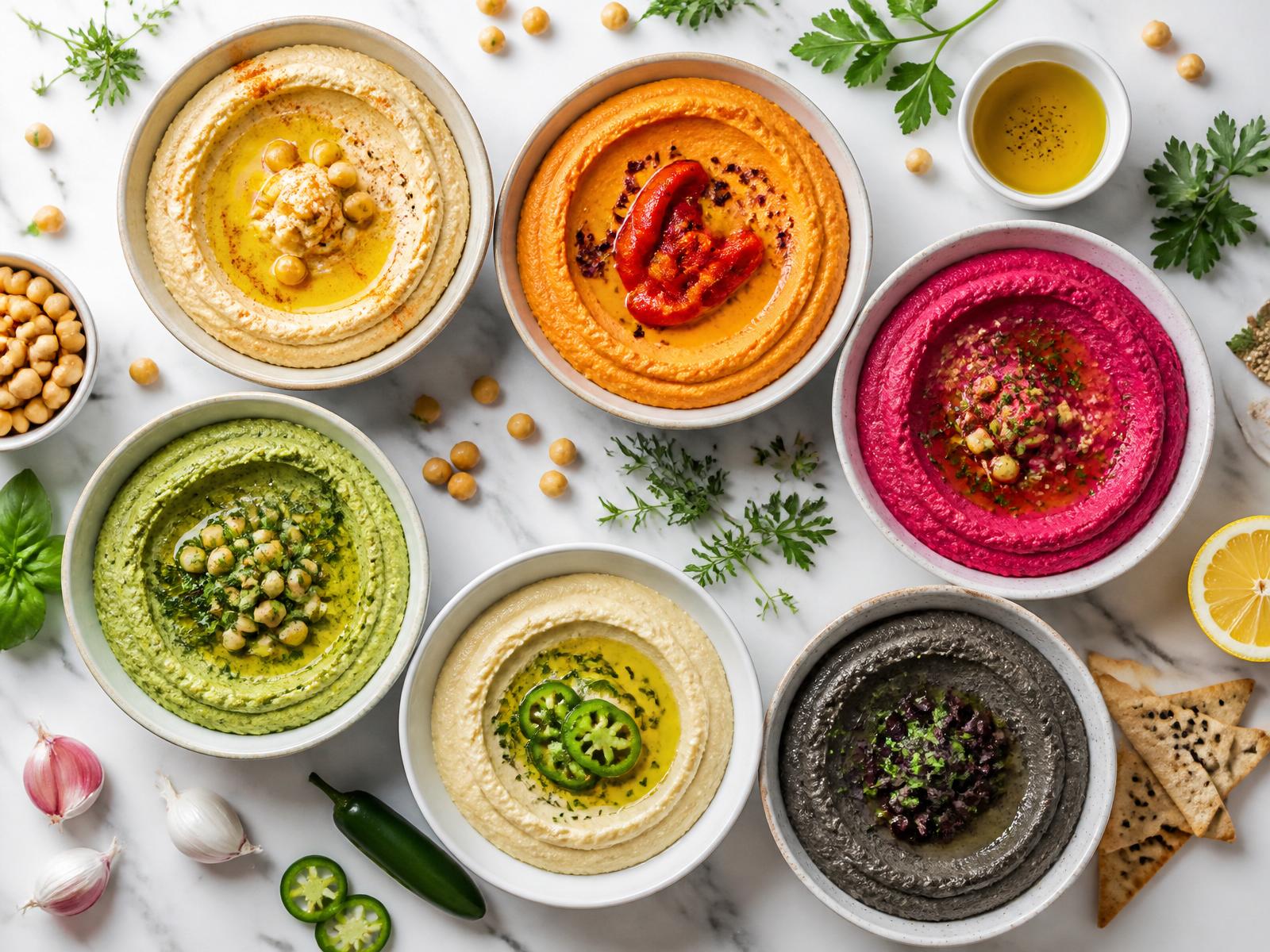 Bowls of Cool Specialty Foods hummus arranged on white marble.